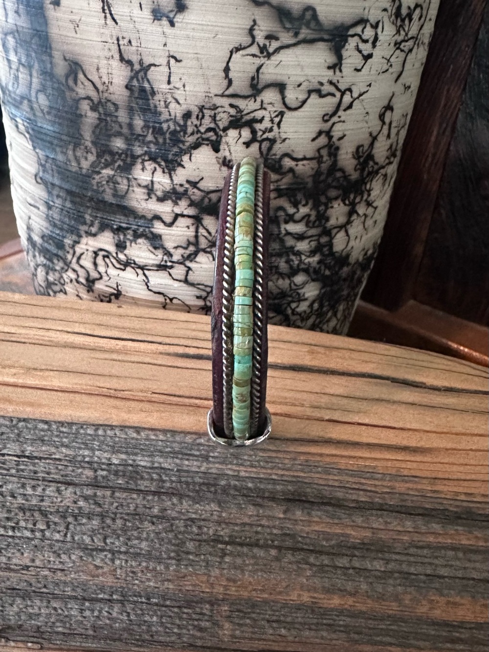 Charlie Favour leather and Turquoise Bead Leather Cuff Bracelet - Picture 3 of 6